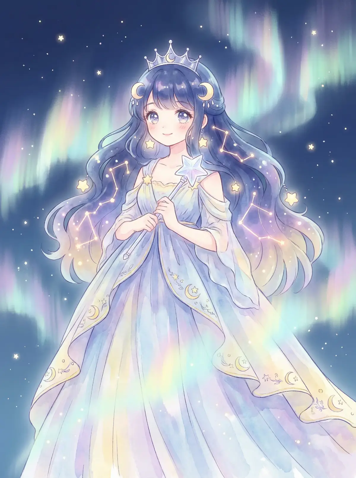 幼幼视频 - 星辰公主希尔角色设定图，手持星光权杖